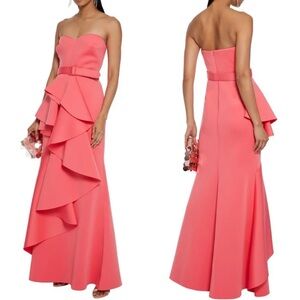 Badgley Mischka Strapless Belted Ruffle Front Scuba Gown Dress paprika coral 8